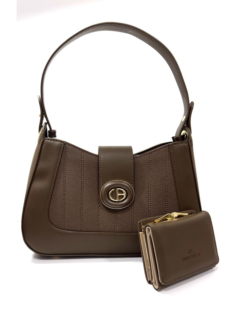 CHRISBELLA Handbag with detachable Strap and mini Wallet. Colour: Dark Brown. dimensions:28x 8X17 cm - Image 1