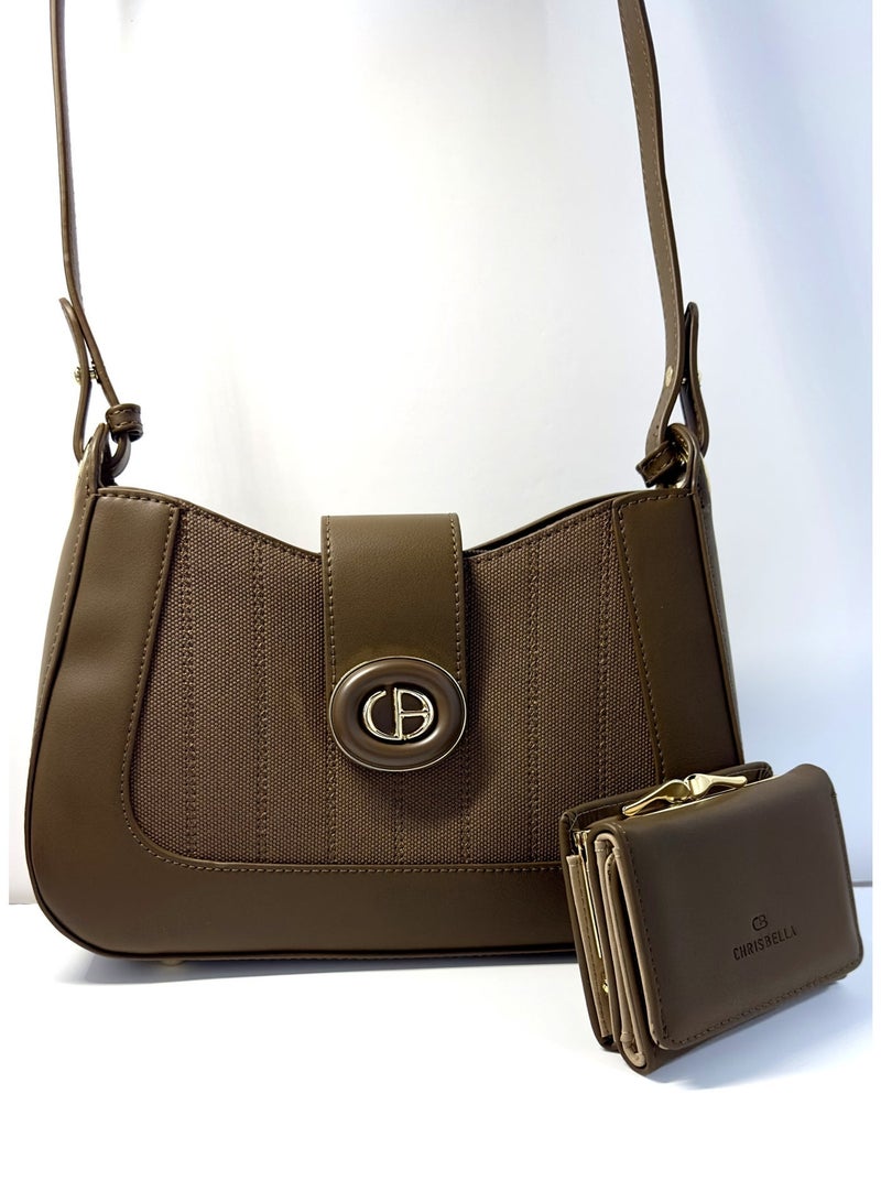 CHRISBELLA Handbag with detachable Strap and mini Wallet. Colour: Dark Brown. dimensions:28x 8X17 cm - Image 3