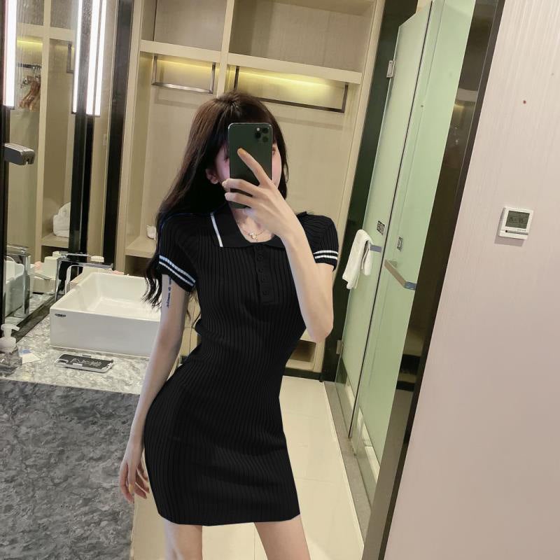 Summer New Solid Color Laps POLO Buckle Slim Fit Bag Hip Slimming Student Knitted Short-sleeved dress Women 28003 purple - Image 5