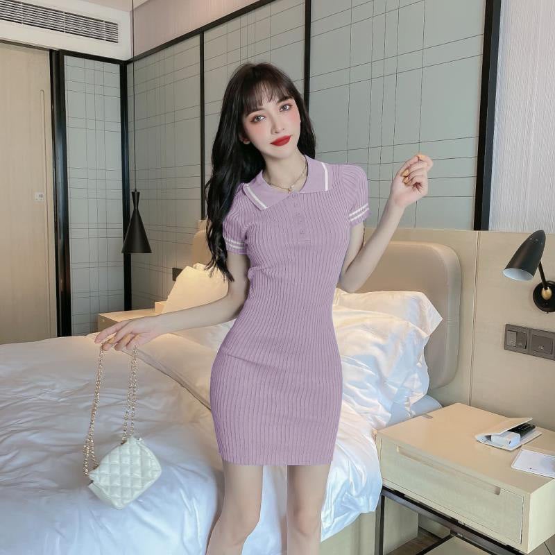 Summer New Solid Color Laps POLO Buckle Slim Fit Bag Hip Slimming Student Knitted Short-sleeved dress Women 28003 purple - Image 4