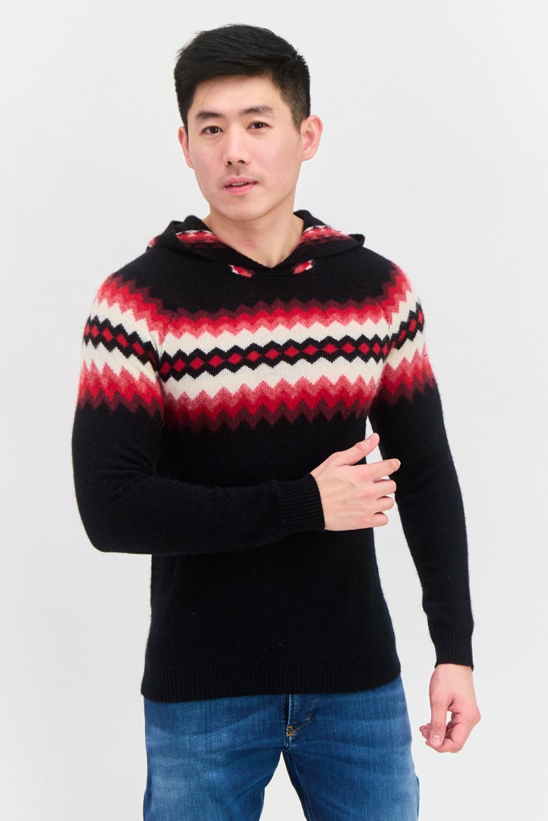 INC Men Aztec Pattern Long Sleeves Hooded Sweater, Black - Image 1