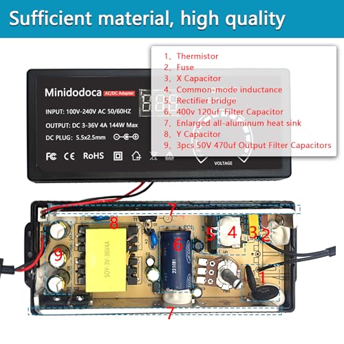 minidodoca 144W Power Supply Adjustable DC 3V ~ 36V Variable Universal Switching AC/DC Adapter Minidodoca AC to DC Converter with LED Voltage Display and 16 Tips, for 3V to 36V Household Electronics - 4000mA Max - Image 4