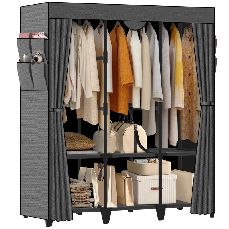 Jofuler Wardrobe Closet, Quick and Easy Assembly, Gray Portable Closet with 2 Hanging Rods 4 Storage Shelves and Side 8 Pockets, Sturdy and Stable Clothes Rack with Cover, for Bedroom and Dormitory - Image 1