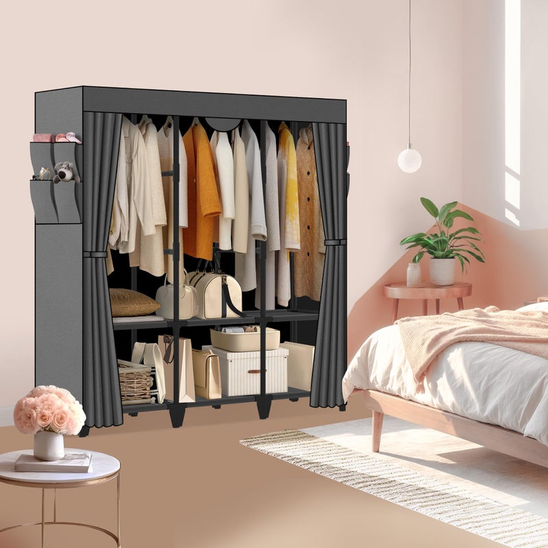 Jofuler Wardrobe Closet, Quick and Easy Assembly, Gray Portable Closet with 2 Hanging Rods 4 Storage Shelves and Side 8 Pockets, Sturdy and Stable Clothes Rack with Cover, for Bedroom and Dormitory - Image 2