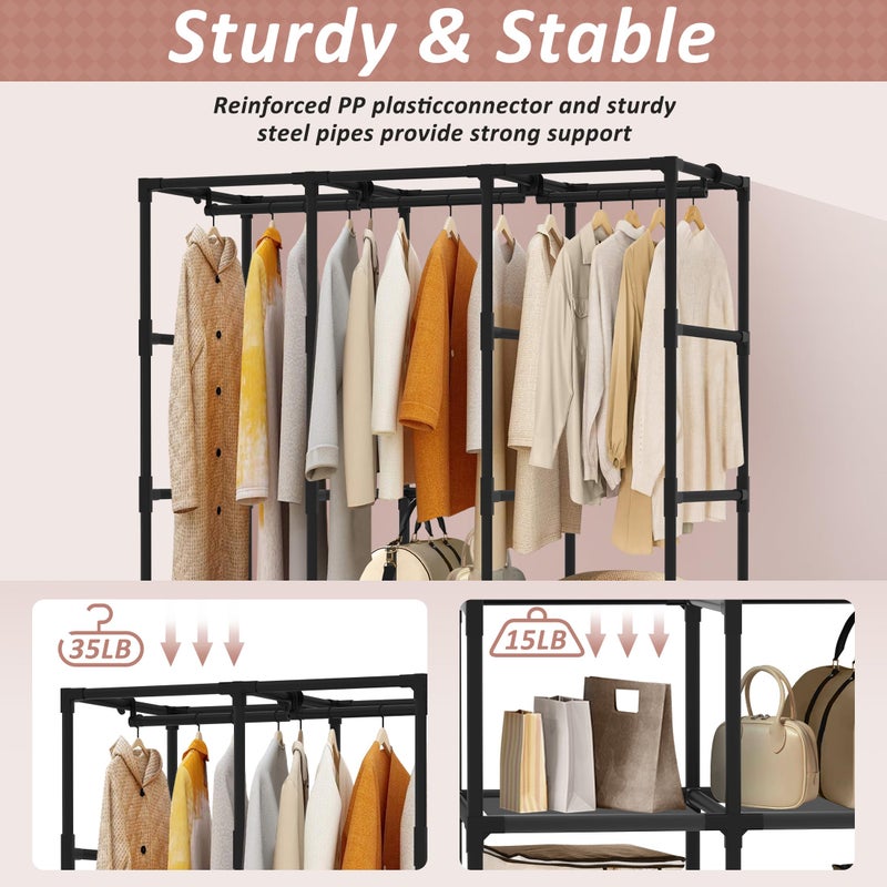 Jofuler Wardrobe Closet, Quick and Easy Assembly, Gray Portable Closet with 2 Hanging Rods 4 Storage Shelves and Side 8 Pockets, Sturdy and Stable Clothes Rack with Cover, for Bedroom and Dormitory - Image 4