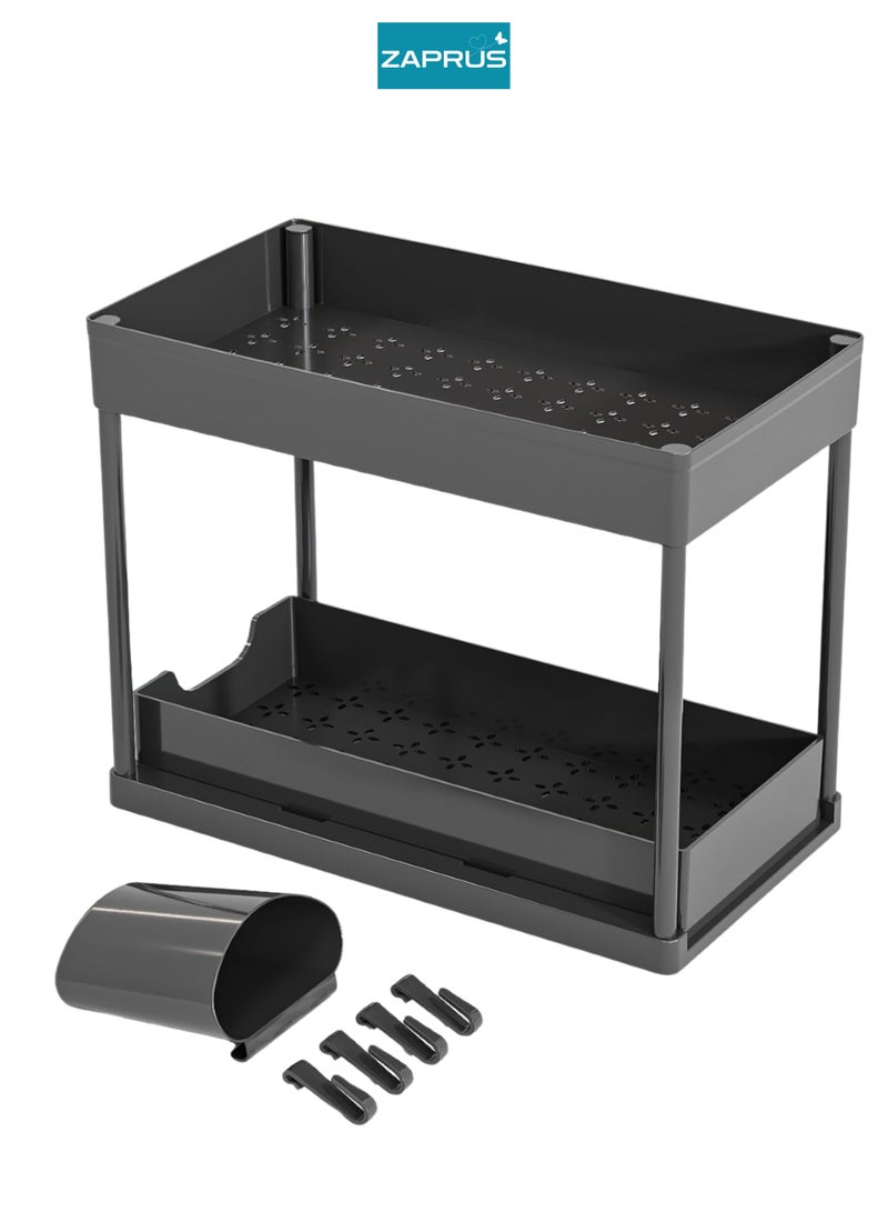 Zaprus 2-Tier Under Cabinet Sliding Organizer – Black Multi-Purpose Storage Basket for Kitchen, Bathroom, Office, Under Sink Storage Rack with Hooks & Dividers - Image 1