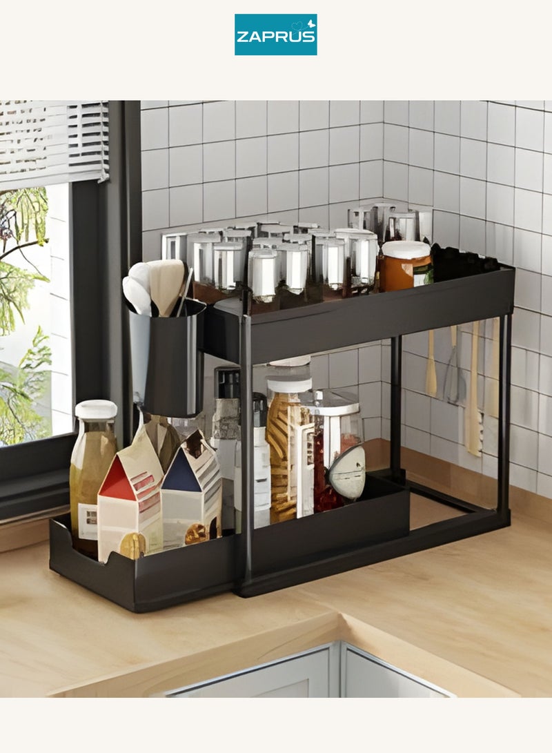 Zaprus 2-Tier Under Cabinet Sliding Organizer – Black Multi-Purpose Storage Basket for Kitchen, Bathroom, Office, Under Sink Storage Rack with Hooks & Dividers - Image 4