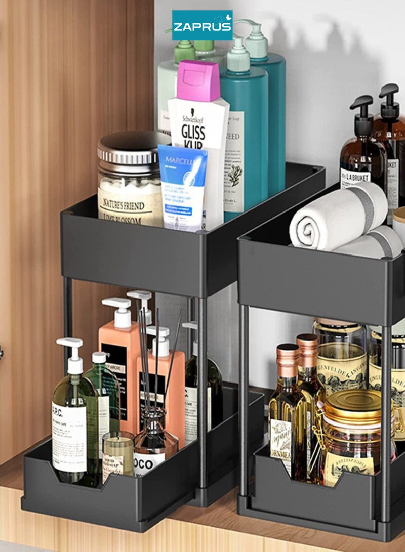 Zaprus 2-Tier Under Cabinet Sliding Organizer – Black Multi-Purpose Storage Basket for Kitchen, Bathroom, Office, Under Sink Storage Rack with Hooks & Dividers - Image 5