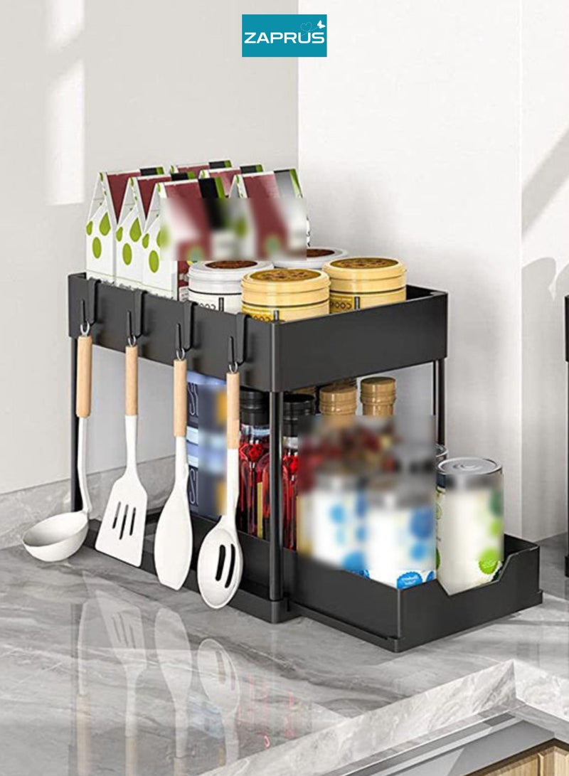 Zaprus 2-Tier Under Cabinet Sliding Organizer – Black Multi-Purpose Storage Basket for Kitchen, Bathroom, Office, Under Sink Storage Rack with Hooks & Dividers - Image 2