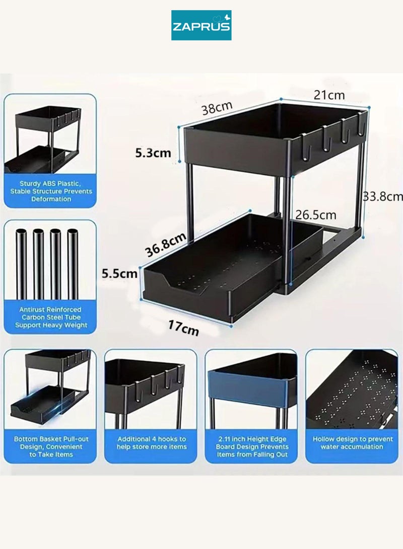 Zaprus 2-Tier Under Cabinet Sliding Organizer – Black Multi-Purpose Storage Basket for Kitchen, Bathroom, Office, Under Sink Storage Rack with Hooks & Dividers - Image 3