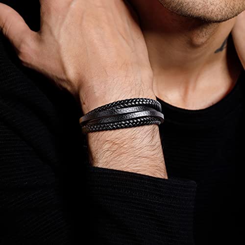 RIOSO 6 Pieces Mens Leather Bracelet Stainless Steel Multi-layer Braided Black Leather Bracelets for Men - Image 2