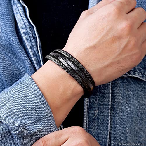 RIOSO 6 Pieces Mens Leather Bracelet Stainless Steel Multi-layer Braided Black Leather Bracelets for Men - Image 5