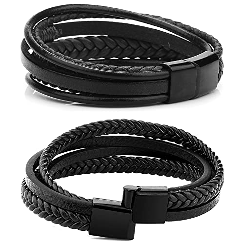 RIOSO 6 Pieces Mens Leather Bracelet Stainless Steel Multi-layer Braided Black Leather Bracelets for Men - Image 4