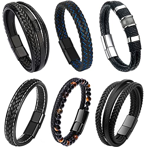RIOSO 6 Pieces Mens Leather Bracelet Stainless Steel Multi-layer Braided Black Leather Bracelets for Men - Image 1