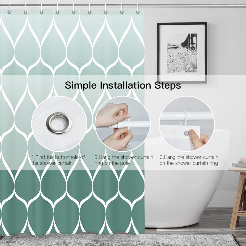 Gelbchu Ombre Teal Fabric Shower Curtain  Waterproof Design and Polyester  Quick-Drying  Weighted Hem  Shower Curtains Set for Bathroom W 72 x H 72  Machine Washable with 12 Hooks - Image 3