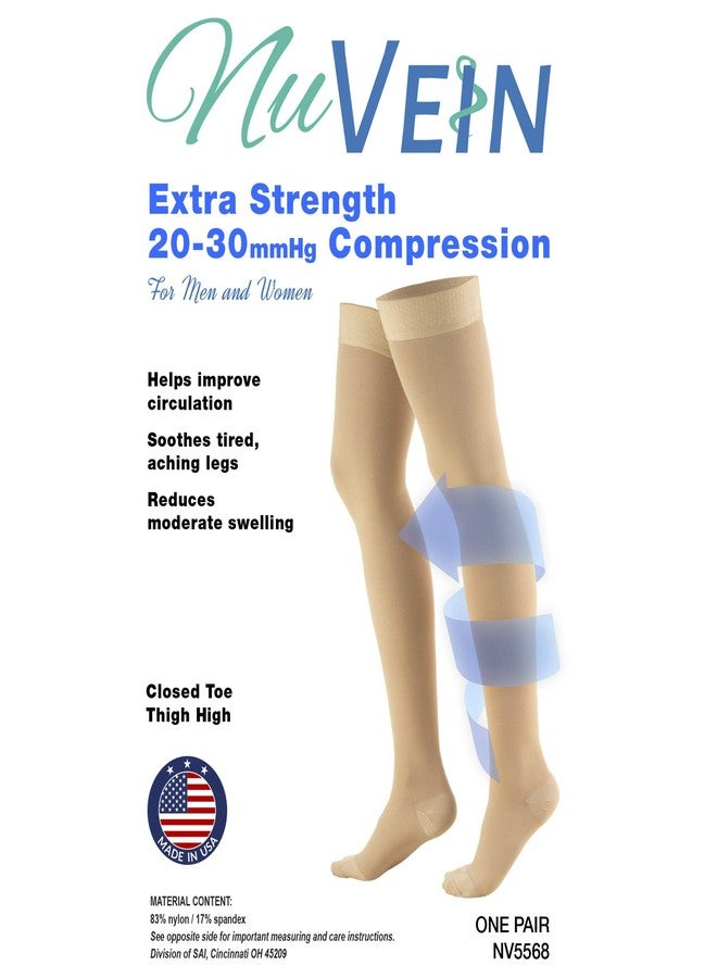 NuVein Medical Compression Stockings, 20-30 mmHg Support, Women & Men Thigh Length Hose, Closed Toe, Beige, Large - Image 2
