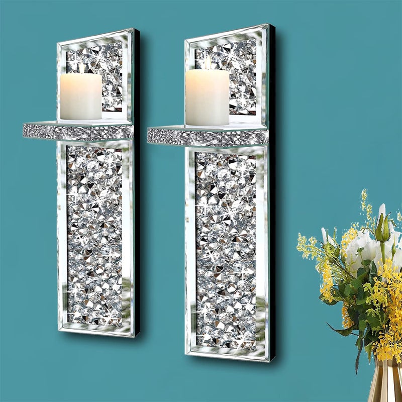 ZOLAPI Set of 2 Crystal Crush Diamond Candle Sconces, Gorgeous Silver Mirrored Wall Sconce, Candle Holder Glass Wall Decorations for Home DÃ©cor, Living Room, Dining Room. - Image 4