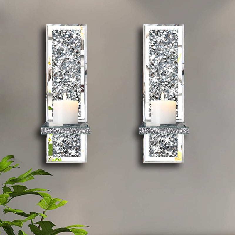 ZOLAPI Set of 2 Crystal Crush Diamond Candle Sconces, Gorgeous Silver Mirrored Wall Sconce, Candle Holder Glass Wall Decorations for Home DÃ©cor, Living Room, Dining Room. - Image 2