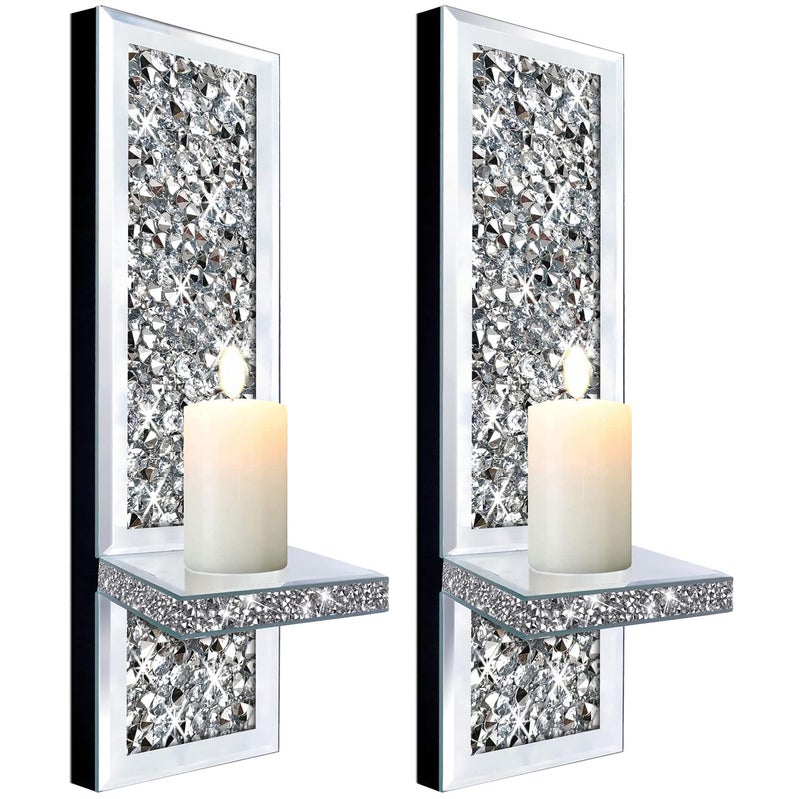 ZOLAPI Set of 2 Crystal Crush Diamond Candle Sconces, Gorgeous Silver Mirrored Wall Sconce, Candle Holder Glass Wall Decorations for Home DÃ©cor, Living Room, Dining Room. - Image 1