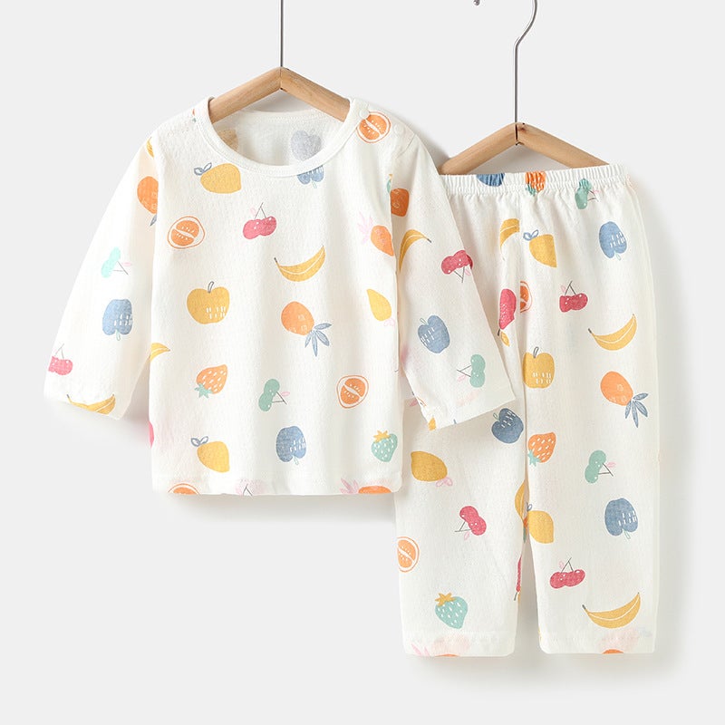 Babys Air-conditioning Suit Thin Long-sleeved Summer Cotton Mens Babys Home Clothes Summer Clothes Daughters Childrens Pajamas Summer Fruit Pie 