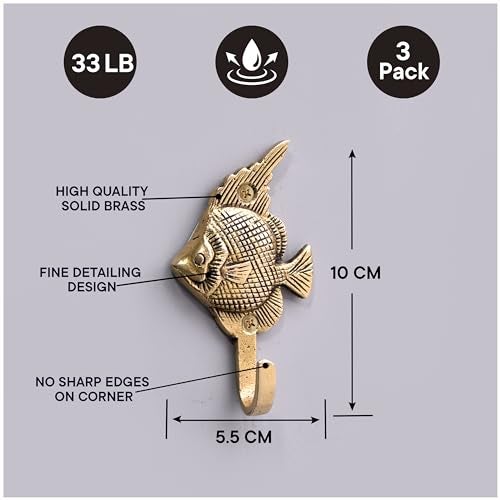 Indian-Shelf Brass Fish Hooks Wall Mounted Key Hooks Fish Shaped Towel Hooks Beach Decorative Fish Key Holder for Wall Robe Coat Hat Hooks Nautical Coastal Fish Hooks Coat Hanging Decor 3 Pieces - Image 3
