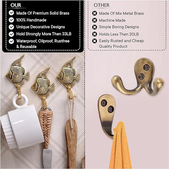 Indian-Shelf Brass Fish Hooks Wall Mounted Key Hooks Fish Shaped Towel Hooks Beach Decorative Fish Key Holder for Wall Robe Coat Hat Hooks Nautical Coastal Fish Hooks Coat Hanging Decor 3 Pieces - Image 4