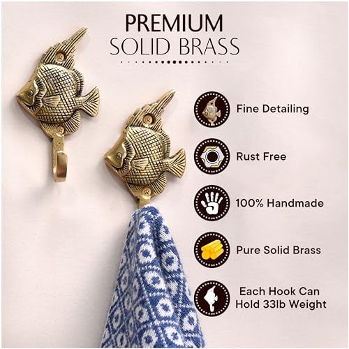Indian-Shelf Brass Fish Hooks Wall Mounted Key Hooks Fish Shaped Towel Hooks Beach Decorative Fish Key Holder for Wall Robe Coat Hat Hooks Nautical Coastal Fish Hooks Coat Hanging Decor 3 Pieces - Image 2