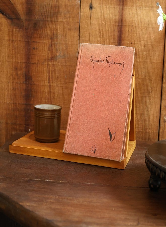 LITIVY Wooden Triangle Bookmark, Small Bookshelf with Drink Holder, Wood Book Reading Rest with Slotted, Book Corner Display Triangle Book Holder (Brown) - Image 2