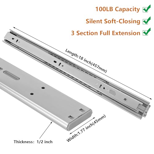 LONTAN 6 Pairs 18 Inch Soft Close Drawer Slides, 18 inch Heavy Duty Drawer Slides Full Extension Ball Bearing Side Mount Slides for Dresser, Kitchen 100lb Capacity Drawer Runners - Image 2