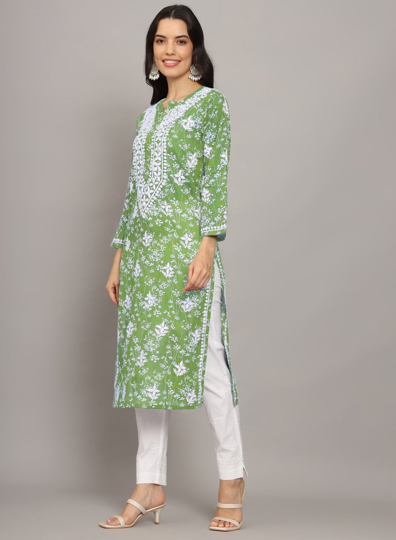 Alaya Women Hand Embroidered Chikankari Mulmul Cotton Printed Kurta-AL4041 - Image 3