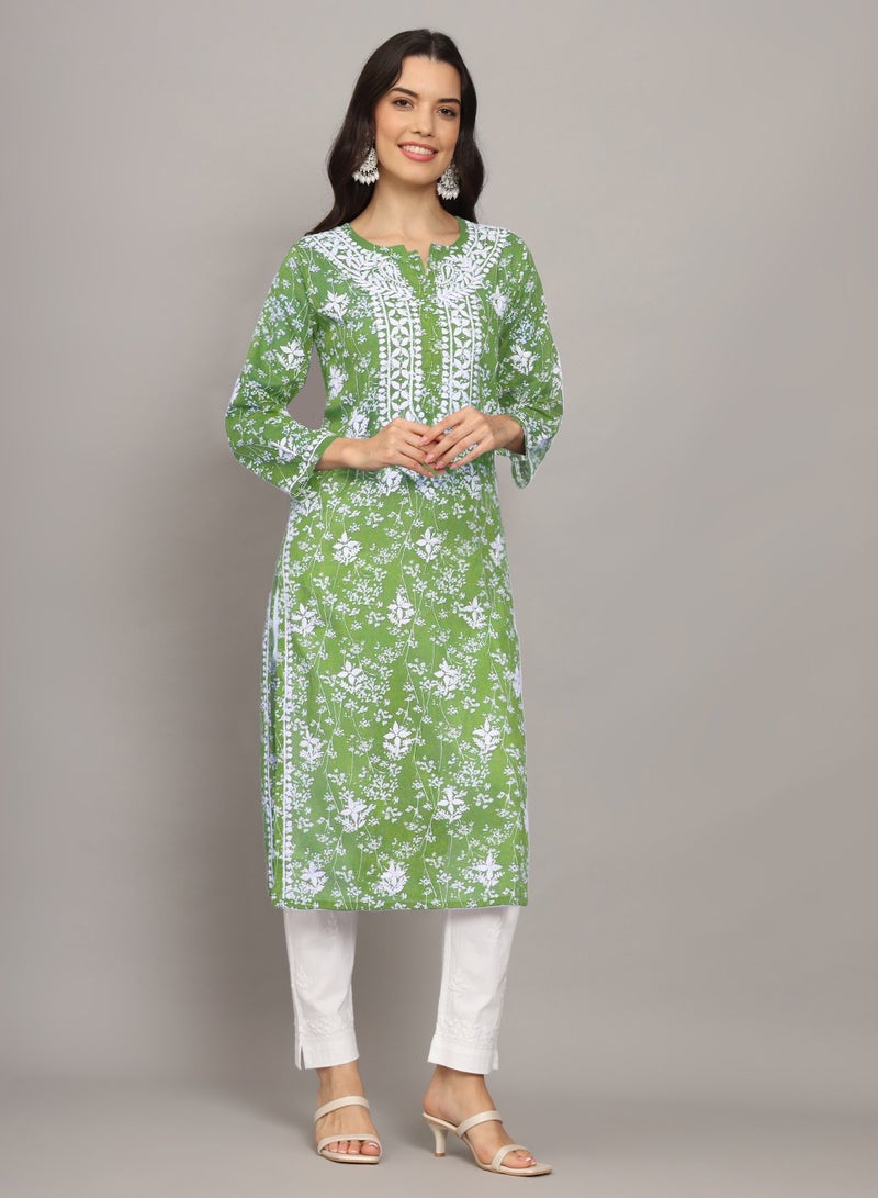 Alaya Women Hand Embroidered Chikankari Mulmul Cotton Printed Kurta-AL4041 - Image 4