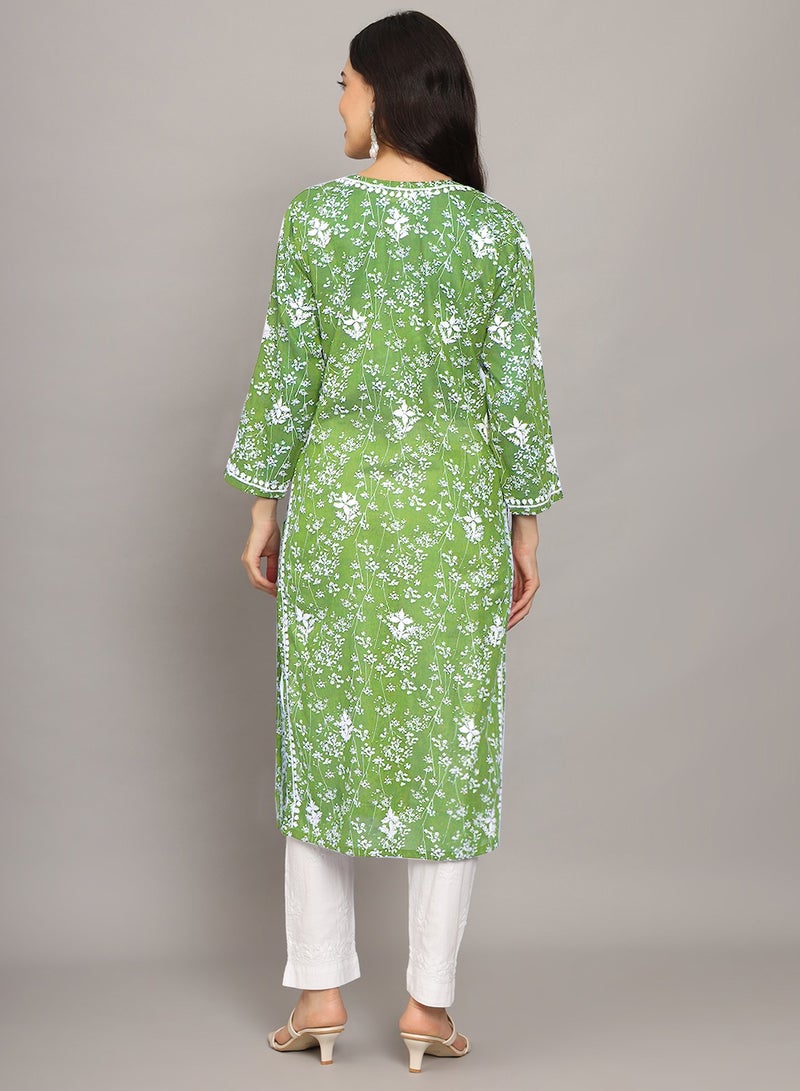 Alaya Women Hand Embroidered Chikankari Mulmul Cotton Printed Kurta-AL4041 - Image 2