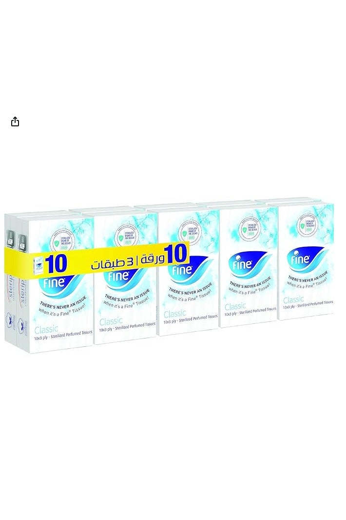 Fine Facial Pocket Tissues, 3 Ply, Pack of 10 x 10, Good for all skin types, Sterilized microfiber tissues for germ protection - Image 1