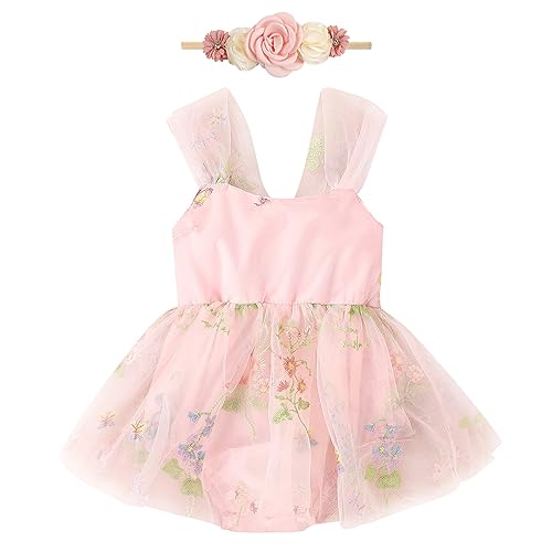 Infant Wedding Dress Baby Girl Fairy Tulle Romper Flower Embroidery Princess OnePiece Bodysuit with Headband One Year Old Birthday Party Cake Smash Outfit Newborn Photo Shooting Pink 912 Months
