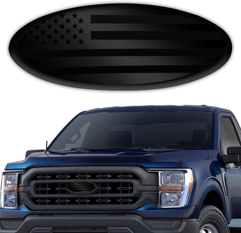 Hirificing Tailgate Emblem for Ford F150 F250 F350 Black American Flag 9 Inch Front Grill Emblem for Ford Emblems, Aluminum Oval Overlay Front Grill Rear Tailgate American Flag Decal Badge(Black) All space matching look - Image 1