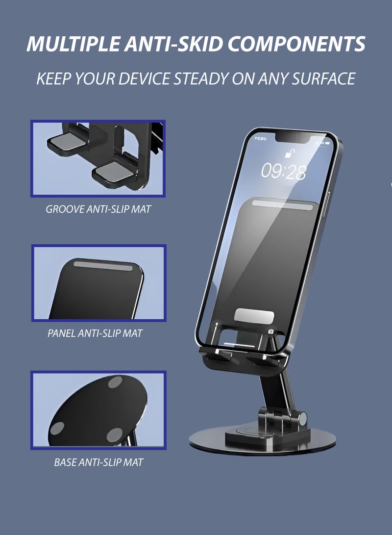 Toshionics Mobile Phone Stand with 360° Rotation Universal Phone and Tablet Holder Stable Rotary Lock Design Durable Aluminum Alloy Strong Support with 1000g Load Capacity Non-Slip and Anti-Skid Base Compact and Portable for 4-12 Inch Devices black - Image 5