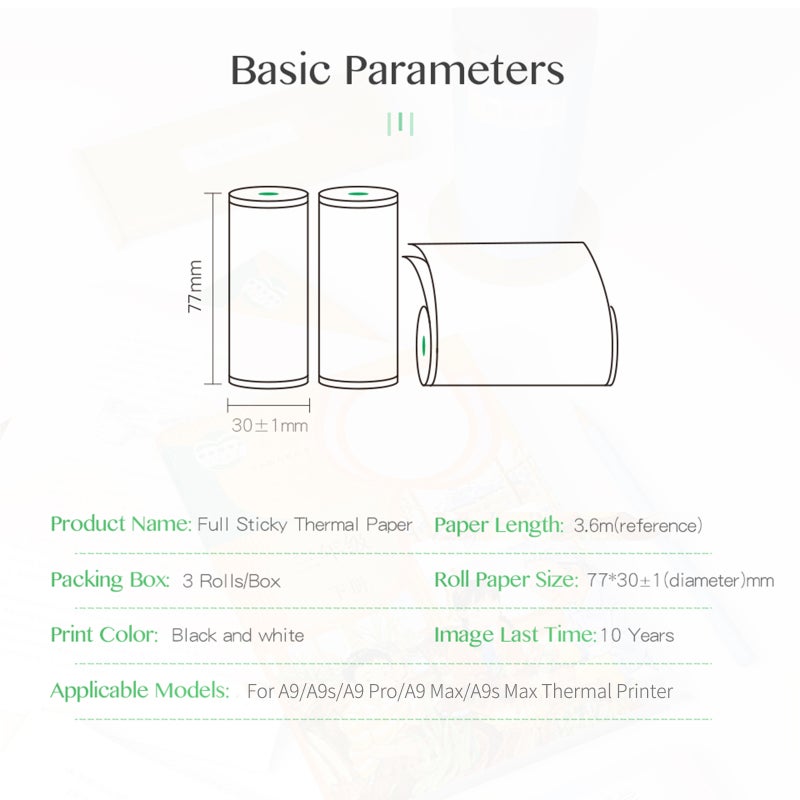 Thermal Paper Roll: 77*30mm Full Sticky Thermal Paper - 10-Year Print Retention Waterproof Oil-Proof Anti-Friction Thermal Paper for PeriPage A9 Series Mini BT Thermal Printers Home Office Study Use - Image 3