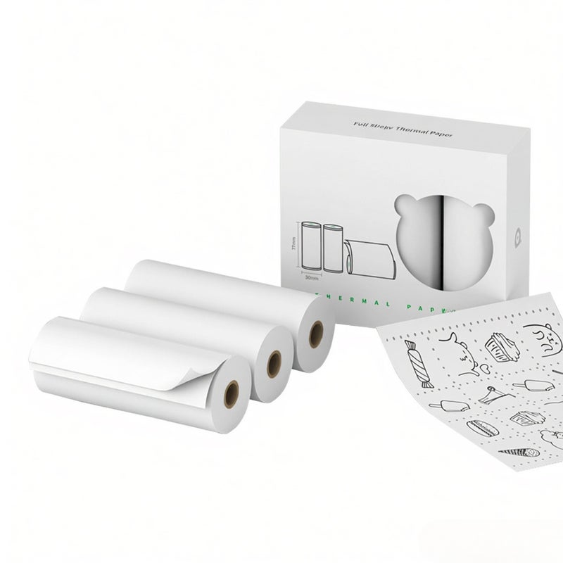 Thermal Paper Roll: 77*30mm Full Sticky Thermal Paper - 10-Year Print Retention Waterproof Oil-Proof Anti-Friction Thermal Paper for PeriPage A9 Series Mini BT Thermal Printers Home Office Study Use - Image 1