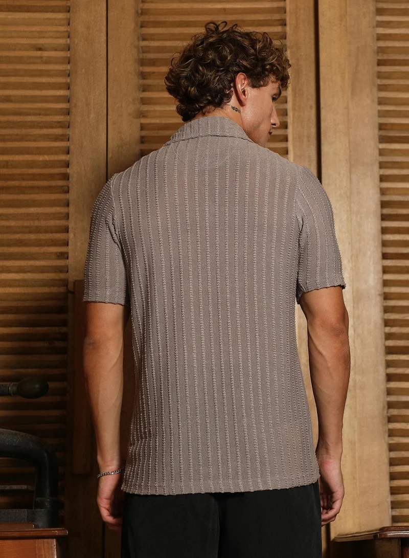 CAHOOT  Men's Moon Grey Cross-Stitch Stripe Knit Shirt for Men | Best Price UAE