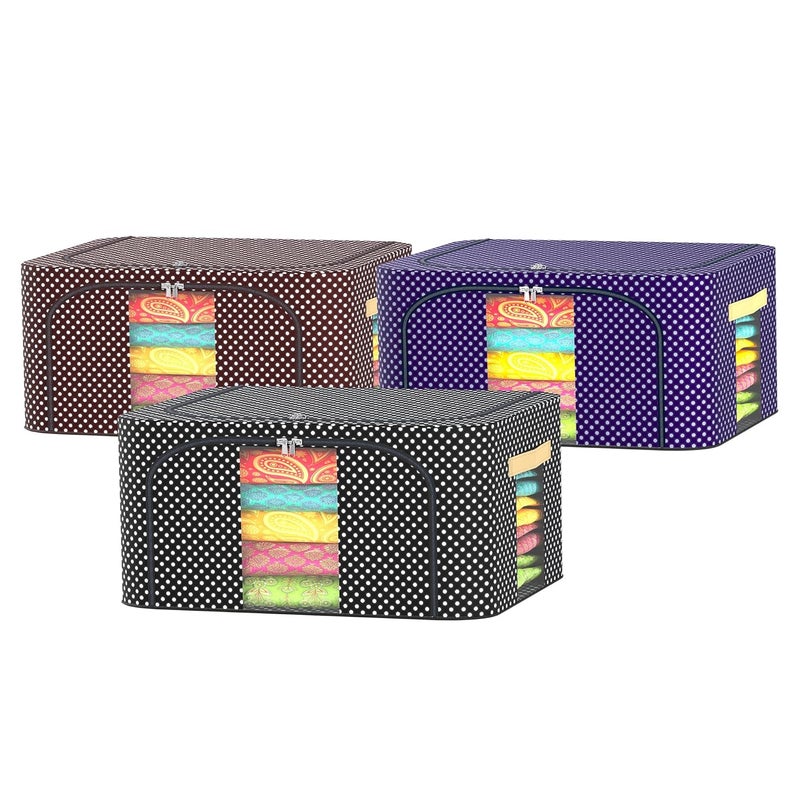 Kuber Industries Pack of 3 Clothes Storage Box 24 Liter Wardrobe Organizer Dot Print Parachute Steel Frame Drawer Organizer Waterproof Underbed Storage Box BlueBlack Brown - Image 1