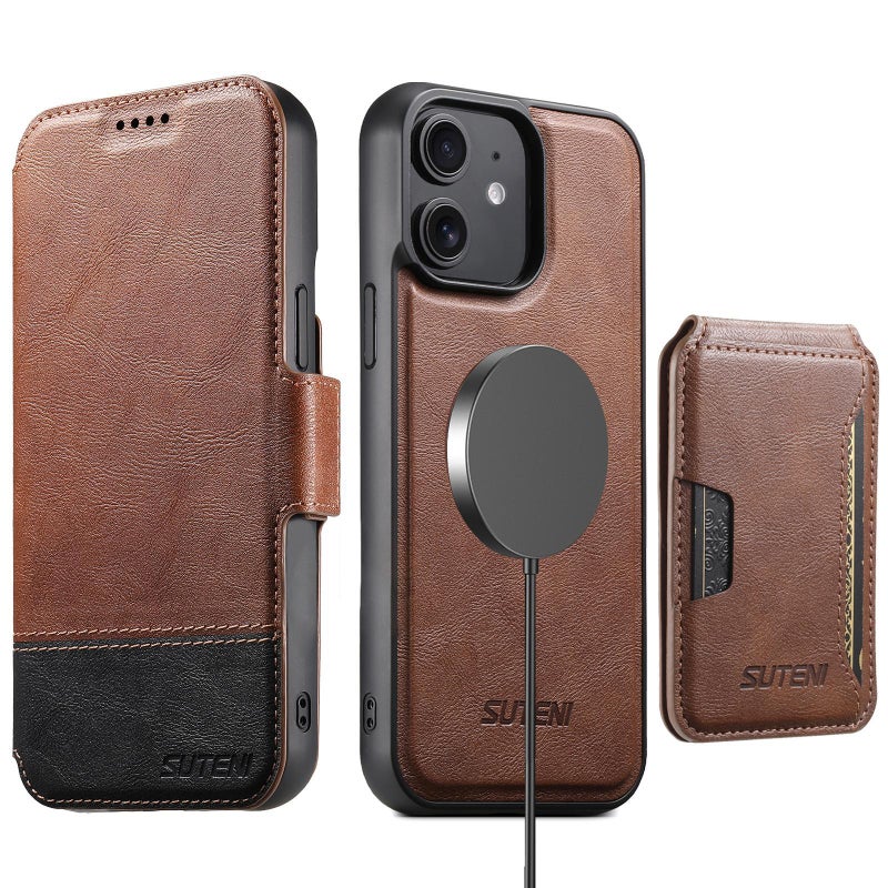 Suteni For Iphone 12 Q06S3 3-In-1 Splicing Detachable Vertical Flip Wallet Magsafe Leather Phone Case(Brown) - Image 1