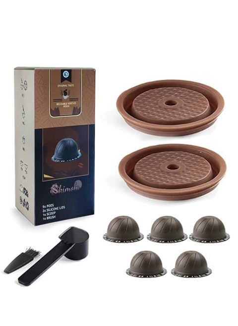 Reusable Vertuo Pods, Refillable Coffee Capsule for Vertuoline & Vertuo Pod, 230ml Coffee Pods Compatible with Nespresso Vertuo Coffee Machine, With 2Pcs Reusable Silicone Lids, Scoop, Brush (5PCS)