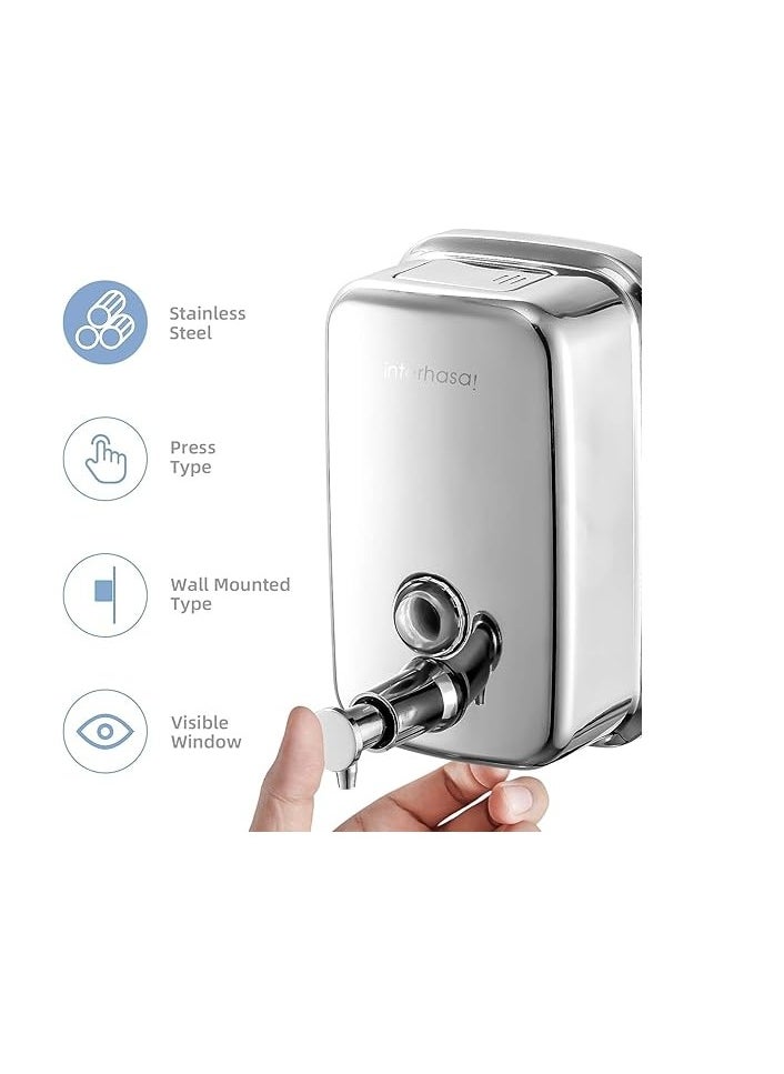 Sundex - Manual Soap Dispenser, Commercial Stainless Steel Wall Mounted Hand Soap Dispenser for Bathroom Kitchen 800ml, Sliver - Image 1