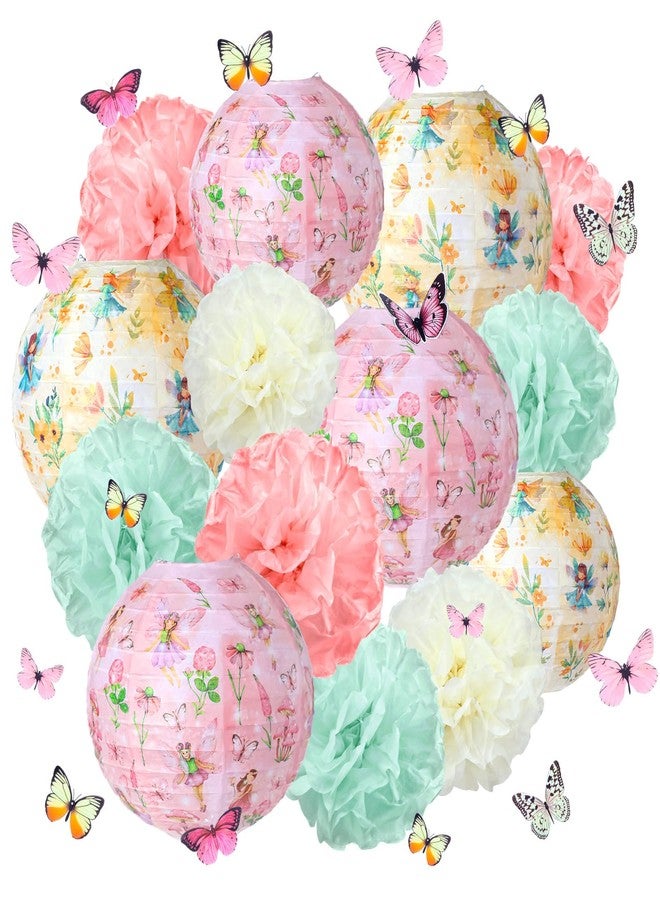 Rossesay Tea Party Decorations Lanterns and Poms for Spring Tea Floral Party Paper Lantern 9 Tissue Bloom Pom Pom Butterfly Thread for Floral Birthday Party Wedding Bridal Shower (Retro) - Image 1