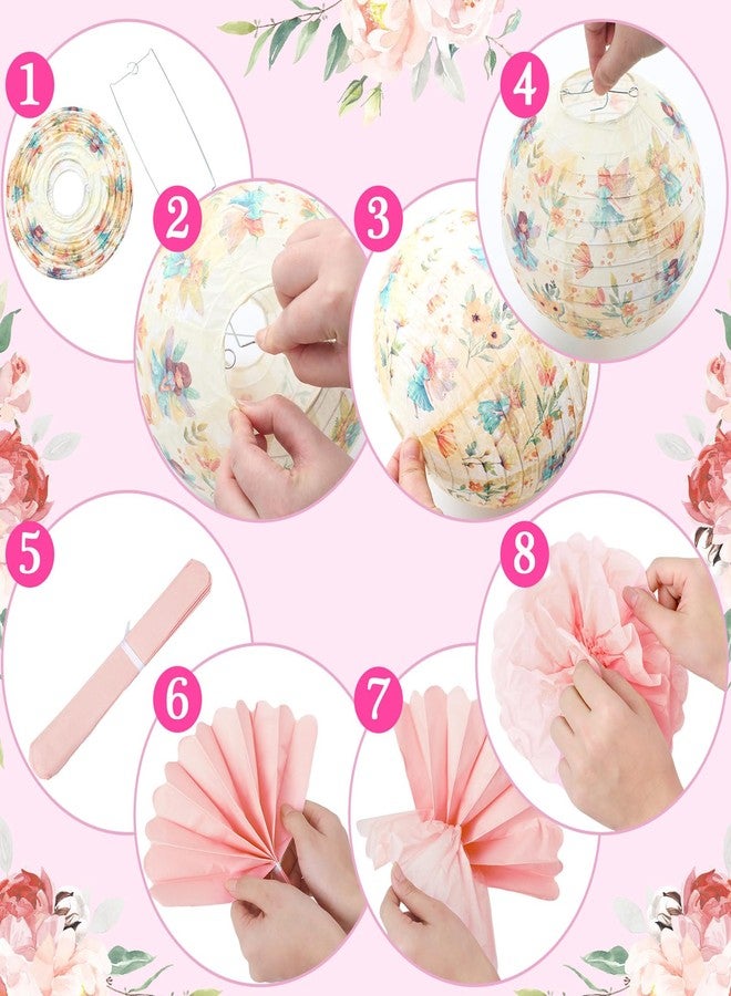 Rossesay Tea Party Decorations Lanterns and Poms for Spring Tea Floral Party Paper Lantern 9 Tissue Bloom Pom Pom Butterfly Thread for Floral Birthday Party Wedding Bridal Shower (Retro) - Image 3