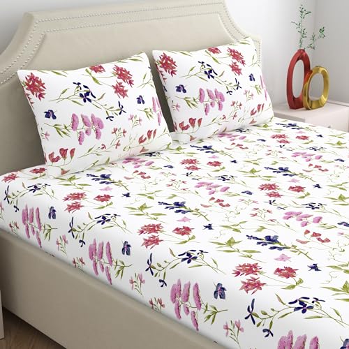 Home Ecstasy 100% Cotton Double Bedsheet with 2 Pillow Covers, 140 TC Floral White for Double Bed (7.3ft X 7.8ft) - Image 1