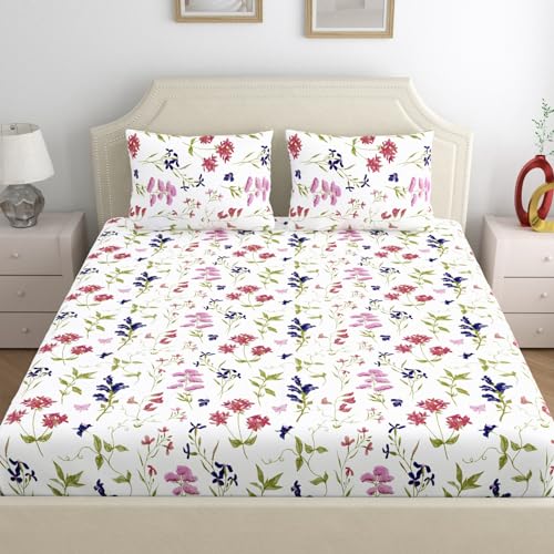 Home Ecstasy 100% Cotton Double Bedsheet with 2 Pillow Covers, 140 TC Floral White for Double Bed (7.3ft X 7.8ft) - Image 2