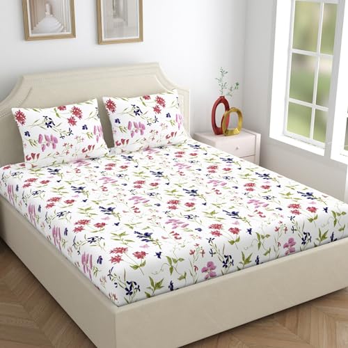Home Ecstasy 100% Cotton Double Bedsheet with 2 Pillow Covers, 140 TC Floral White for Double Bed (7.3ft X 7.8ft) - Image 3