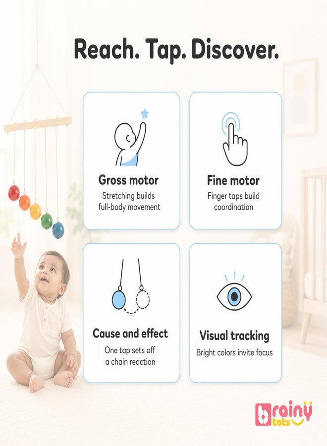 BrainyTots Montessori Hanging Balls for Babies 0-6 Months | Wooden Hang & Hit Height Balls Baby Toy for Sensory Development, Reaching and Grasping Skills, Rainbow Color Nursery Toy for Newborns - Image 3