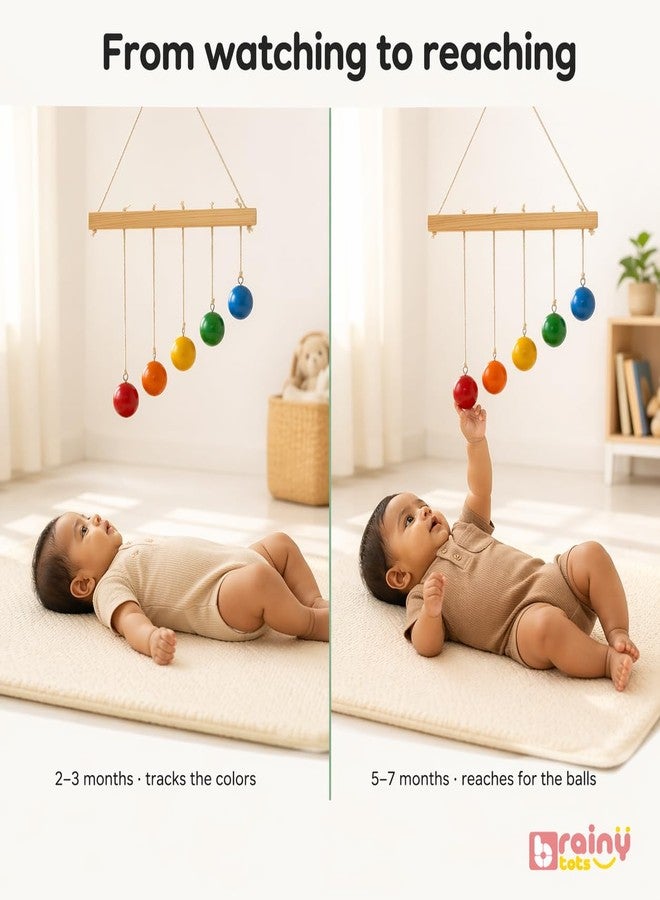 BrainyTots Montessori Hanging Balls for Babies 0-6 Months | Wooden Hang & Hit Height Balls Baby Toy for Sensory Development, Reaching and Grasping Skills, Rainbow Color Nursery Toy for Newborns - Image 4